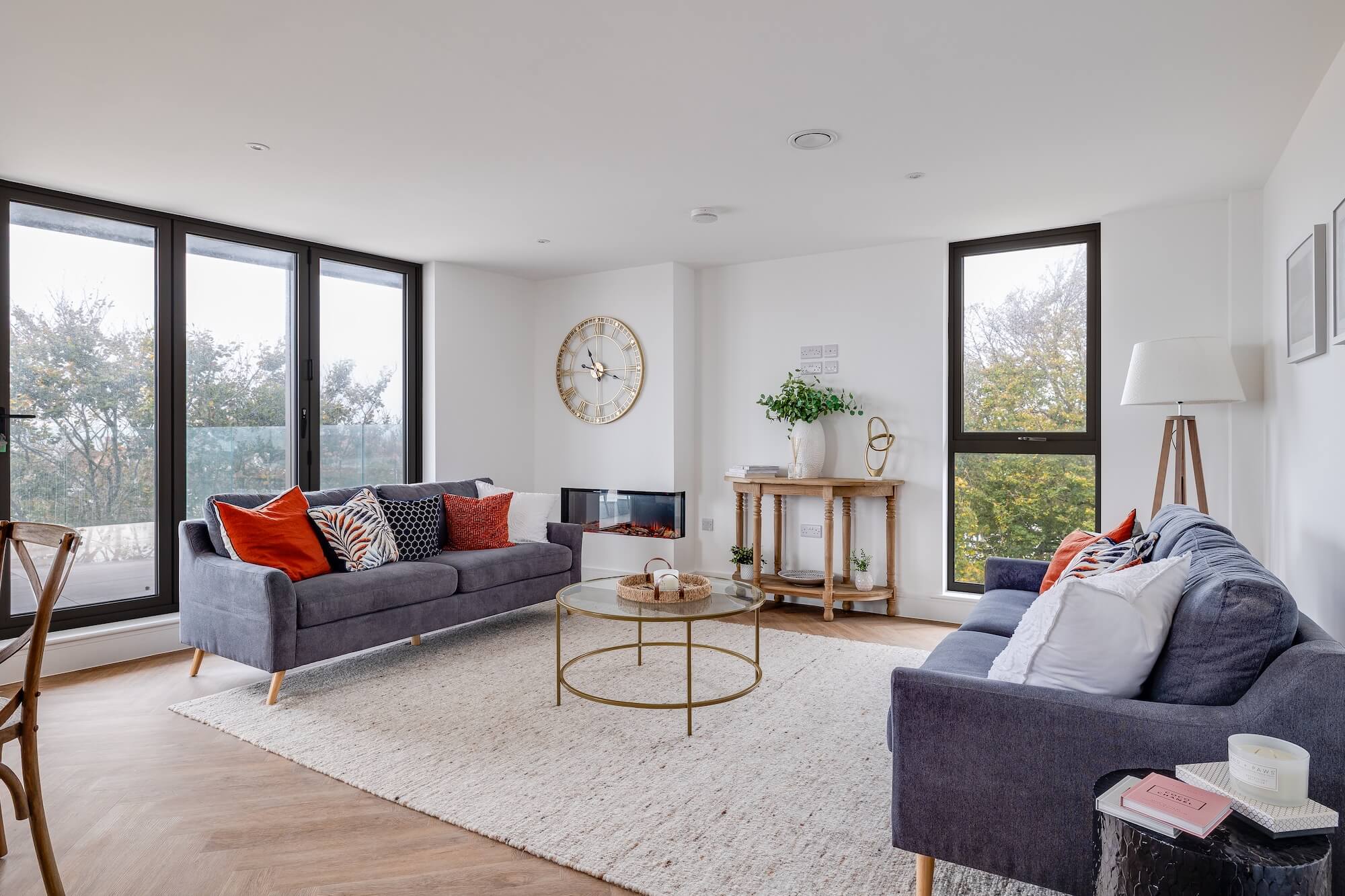 The living room of one the luxury two bedroom apartments available at the new and exclusive Hilbre Sands development located in West Kirby. Image taken by Currans Unique specialist estate agents (offices in Chester, Wirral and North Wales).
